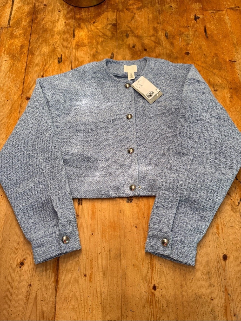 H&M Light Blue Cropped Bouclé Blazer with Button Front